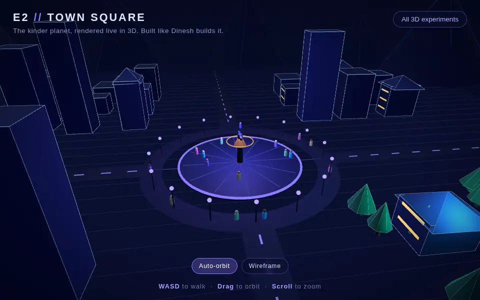 The town square at night, glowing wireframe buildings