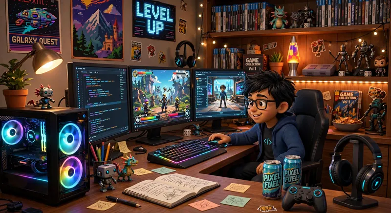 Dinesh's battle station: triple monitors, RGB gaming PC, and shelves of video games