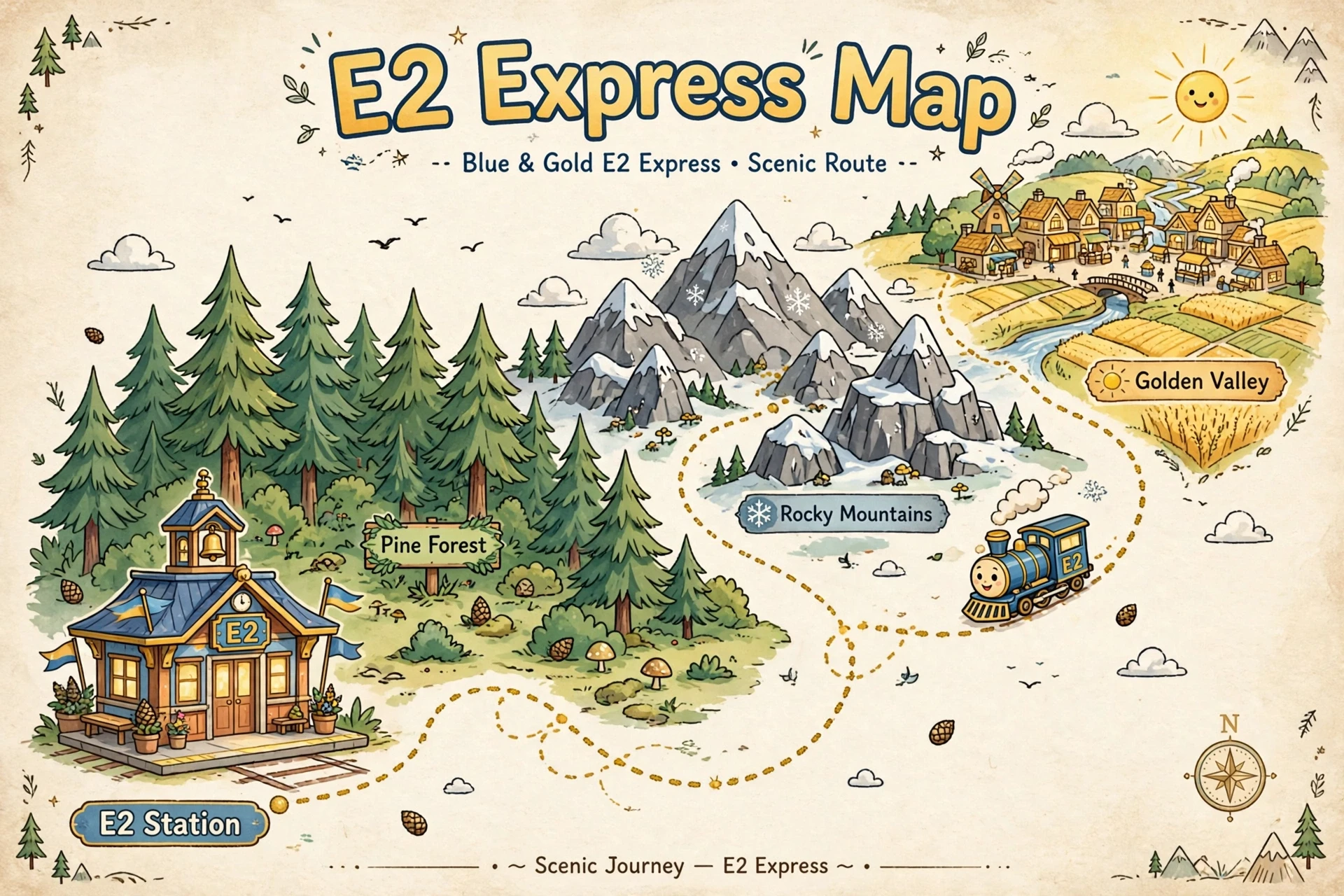 E2 Express map: the scenic route from E2 Station through the Pine Forest and the Rocky Mountains to Golden Valley