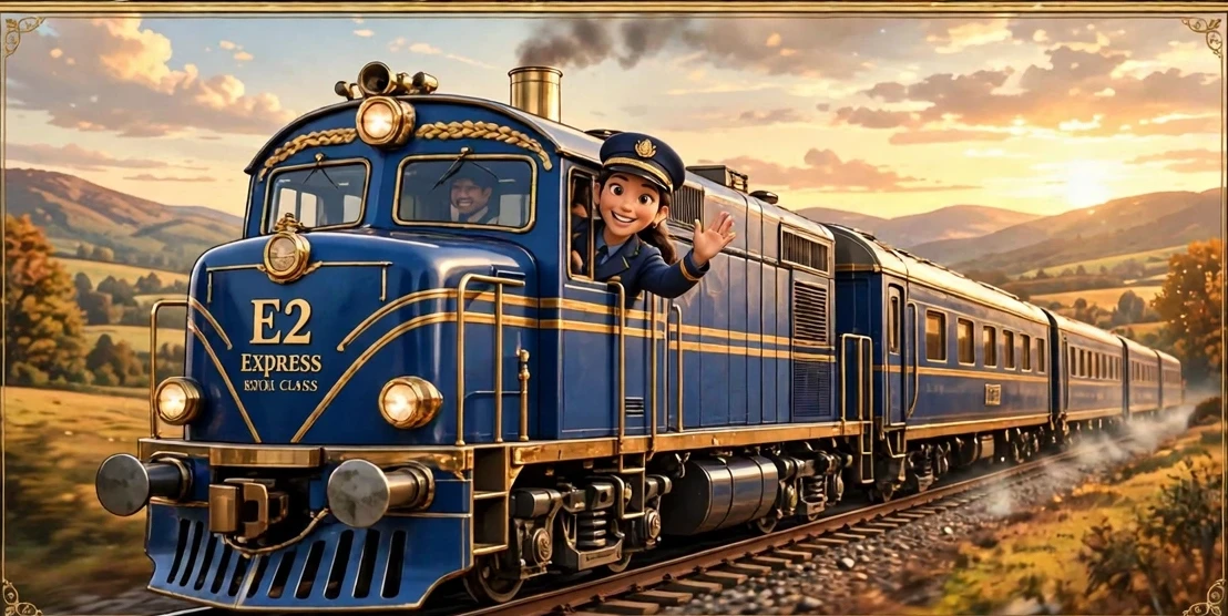 Sam, conductor of the E2 Express, leaning out of the blue and gold train and waving