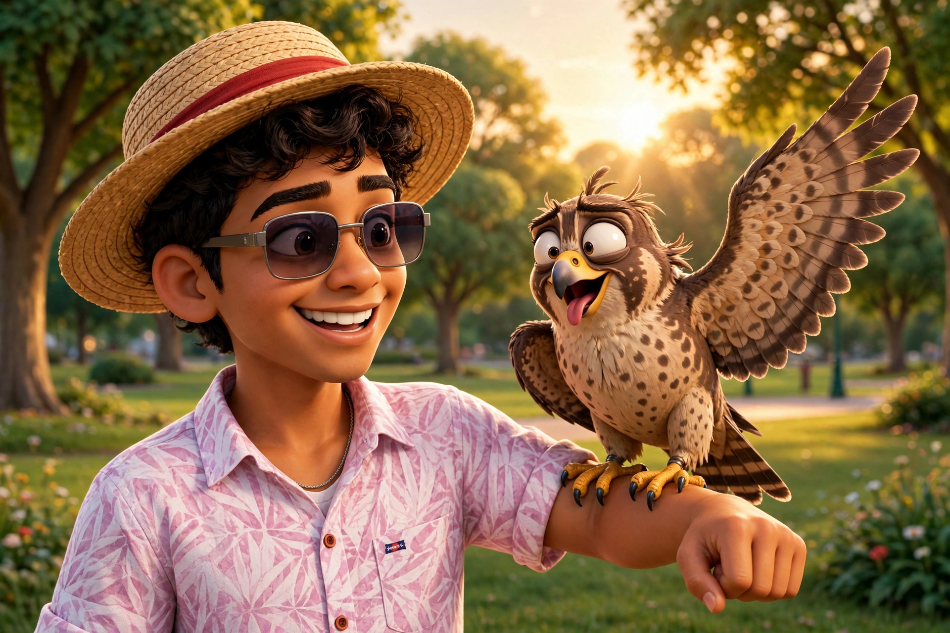 Harsh proudly presenting Murkh, his very dumb cross-eyed falcon, who is waving at the camera with his tongue out