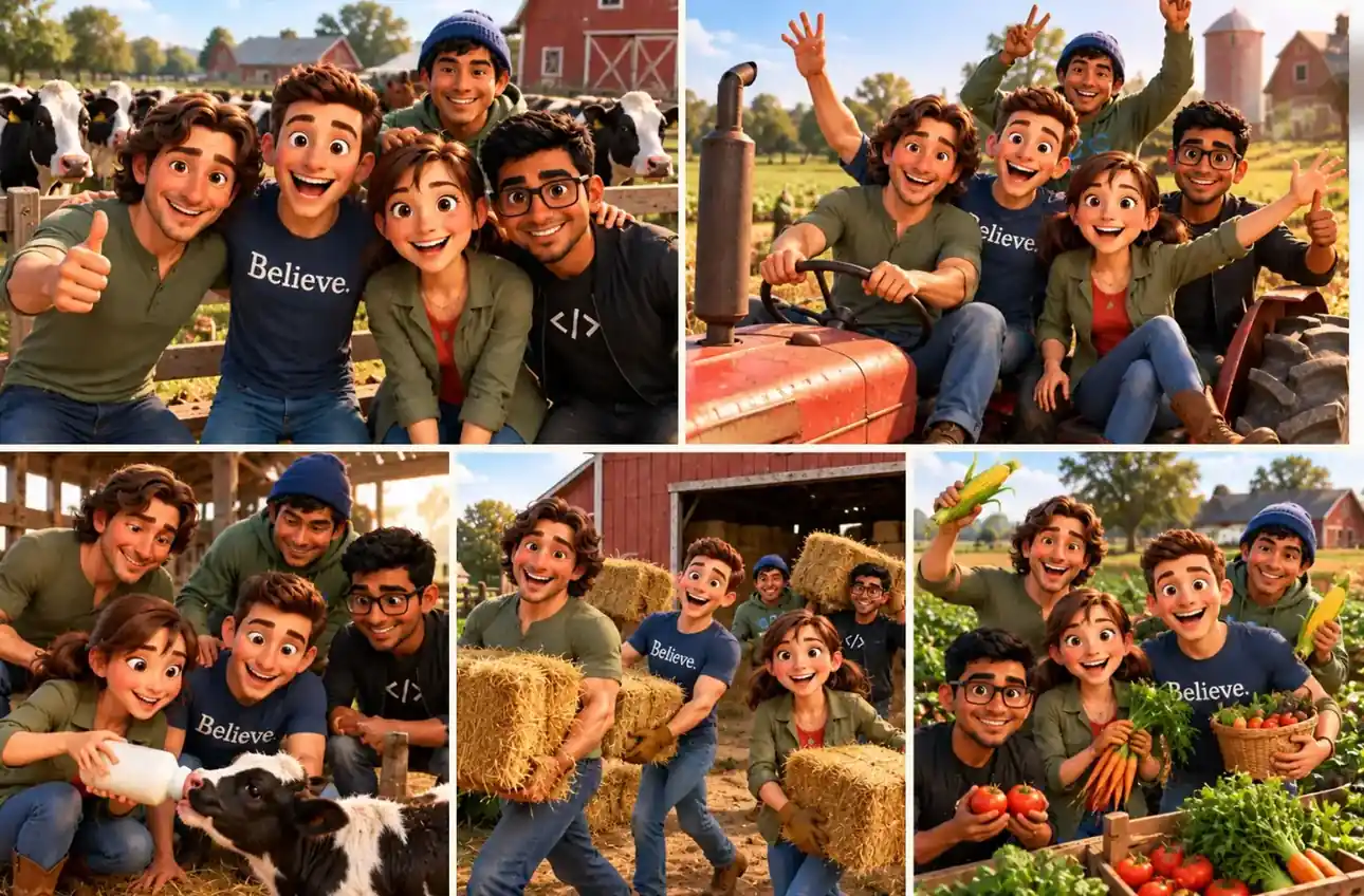 The E2 crew working on the farm: with cows, riding the tractor, feeding a calf, hauling hay, and harvesting vegetables