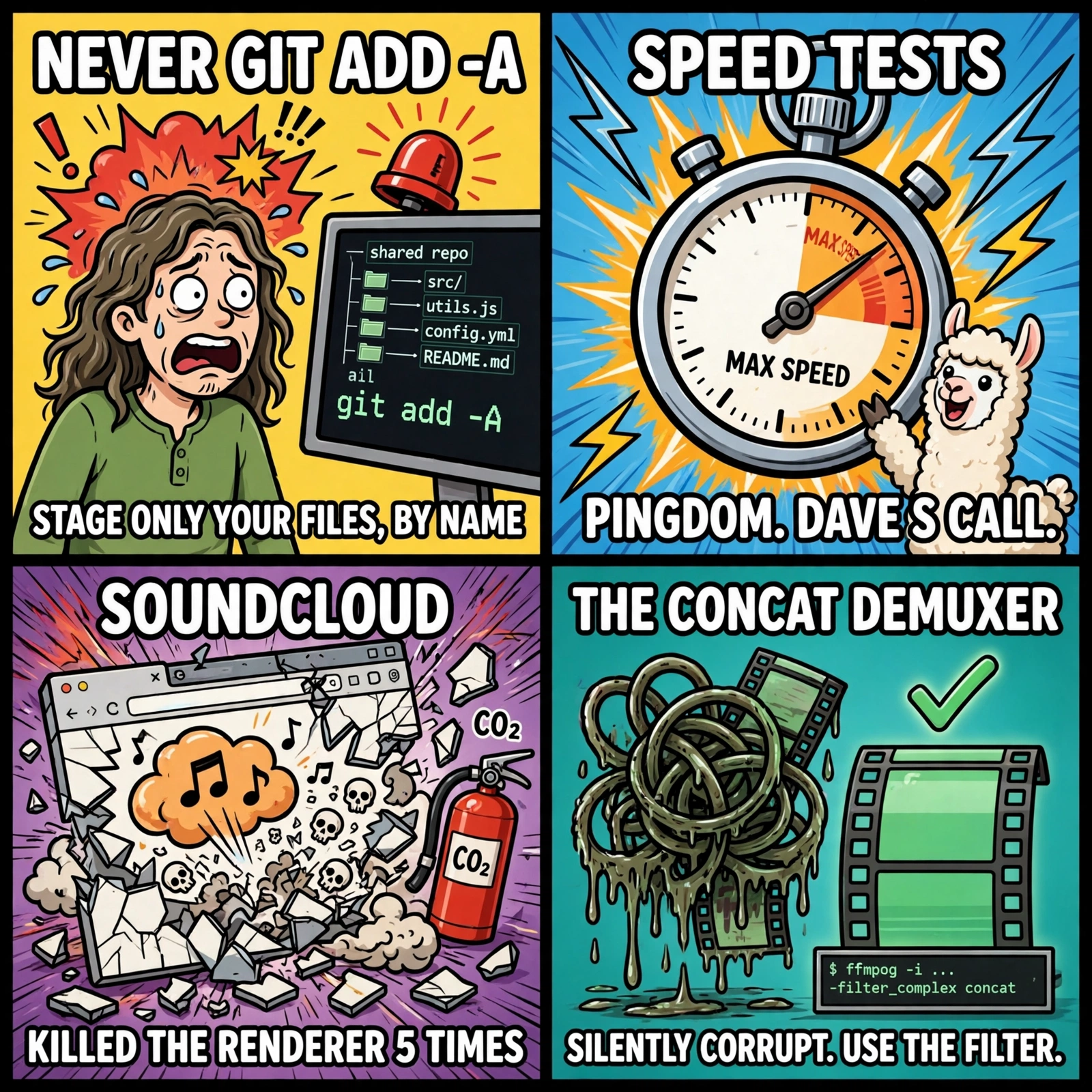 Studio meme four-pack: never git add -A stage only your files by name, Pingdom speed tests Dave's call, SoundCloud killed the browser renderer five times, the concat demuxer is silently corrupt use the filter