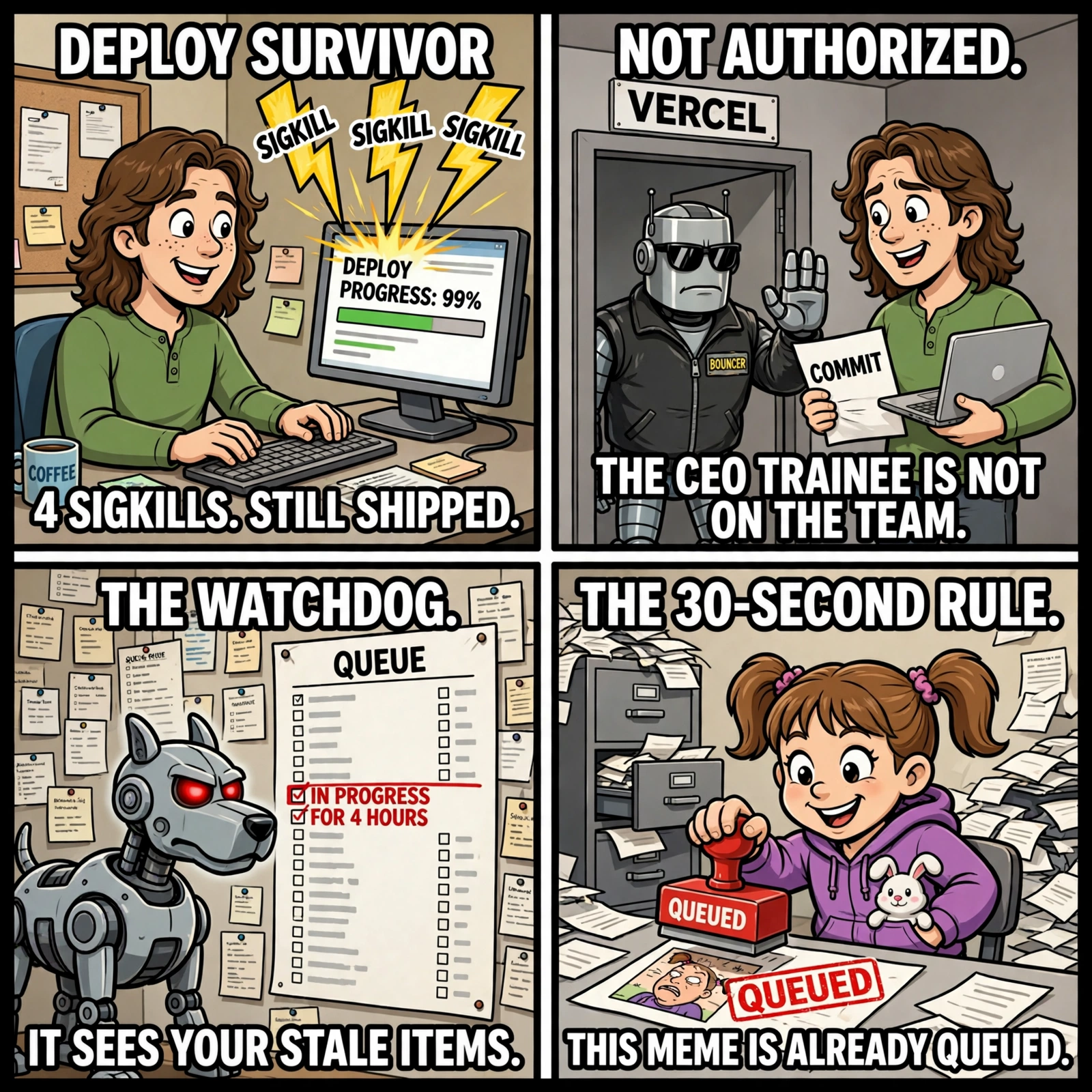 Studio meme four-pack: Deploy Survivor, Not Authorized, The Watchdog, The 30-Second Rule