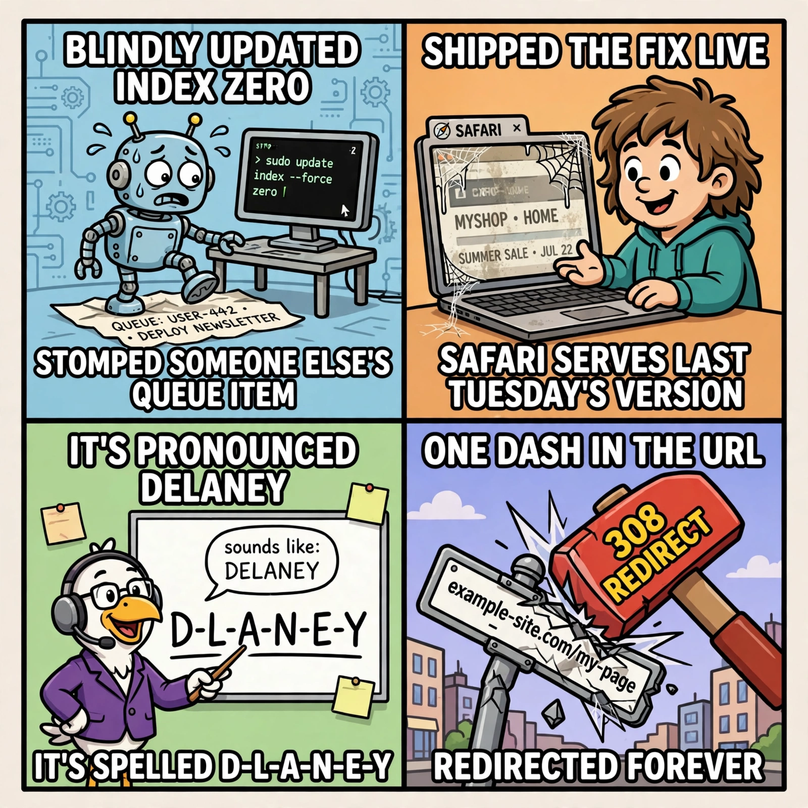 Studio meme four-pack: queue stomp, Safari serves last Tuesday's version, it's pronounced Delaney it's spelled D-L-A-N-E-Y, one dash in the URL redirected forever
