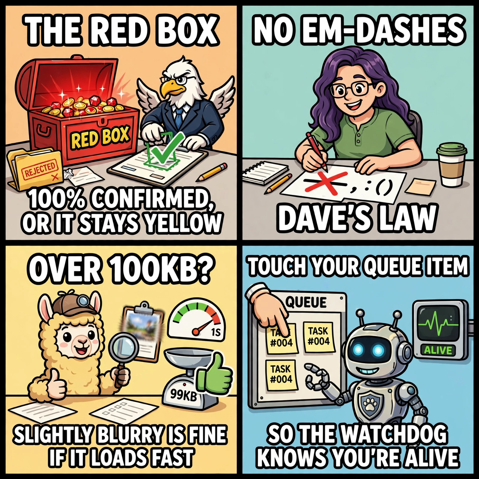Studio meme four-pack: the red box rule, no em-dashes Dave's law, over 100KB the Llama 100KB law, touch your queue item so the watchdog knows you're alive
