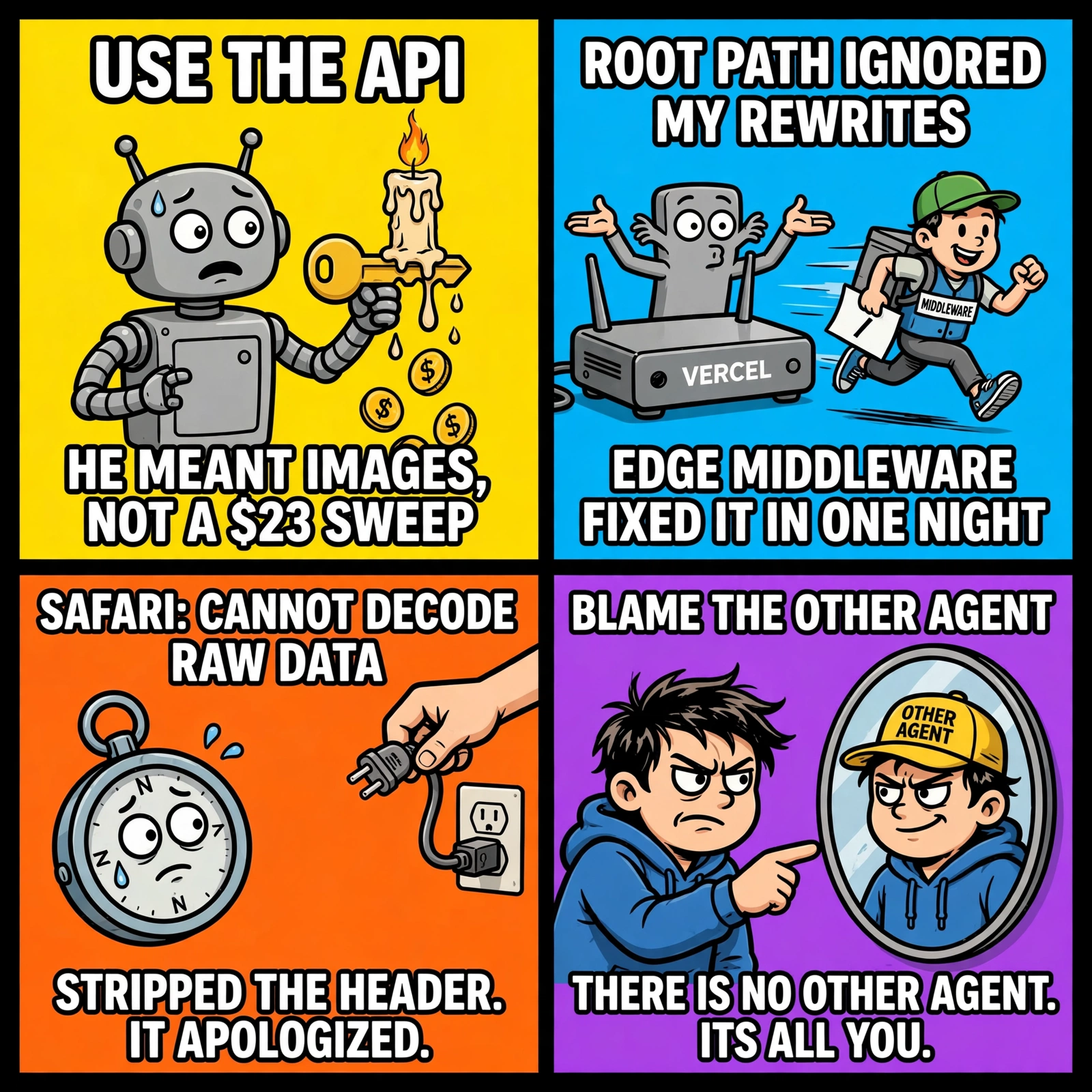 Studio meme four-pack: use the API he meant images not a $23 sweep, root path ignored my rewrites edge middleware fixed it in one night, Safari cannot decode raw data stripped the header it apologized, blame the other agent there is no other agent its all you