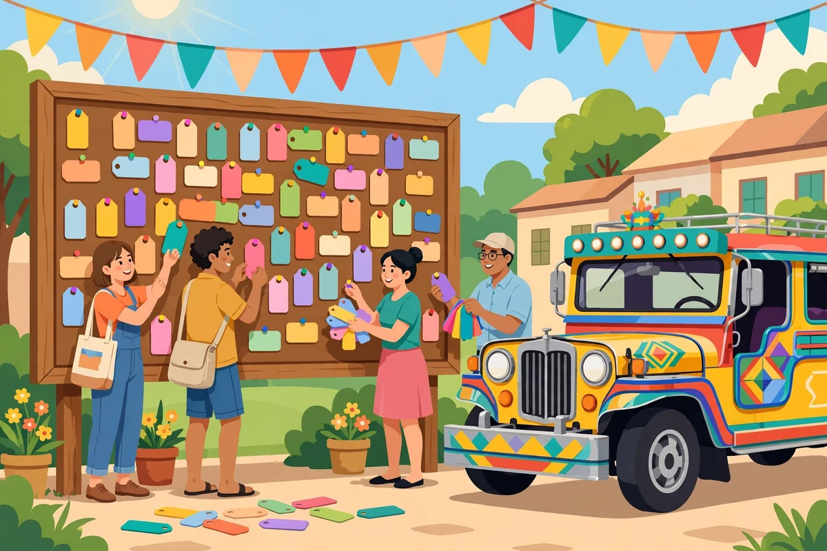 The Claim Board: members pinning colorful name tags on a huge board beside the jeepney