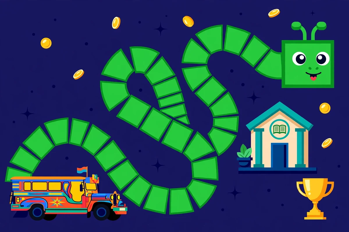 A green snake winding through the E2 world, past the jeepney, the library, gold coins, and a trophy