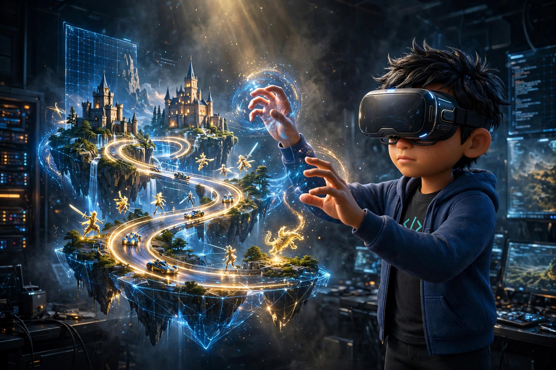 Dinesh in a VR headset, shaping a glowing game world with his hands
