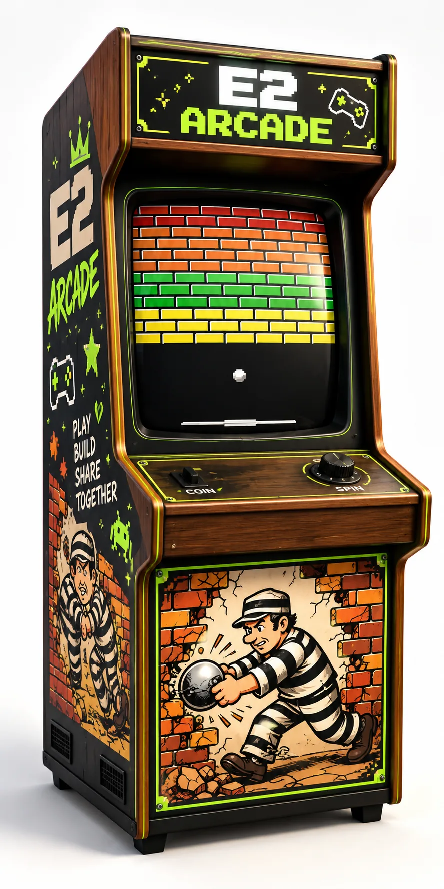 Retro wooden Breakout arcade cabinet with E2 Arcade branding, pixel art and green accents