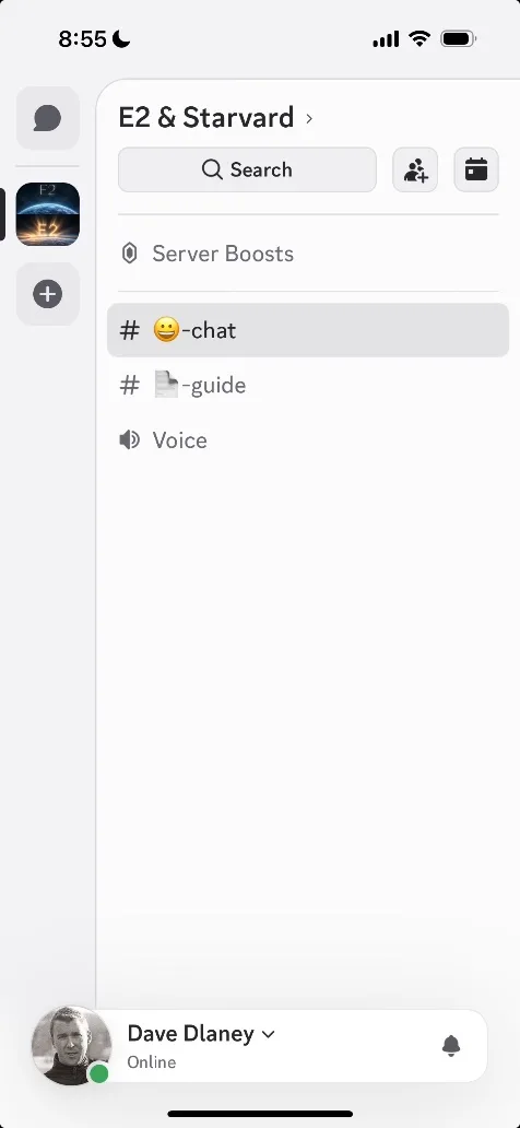 The whole E2 server on day one: one chat, one guide, one voice room