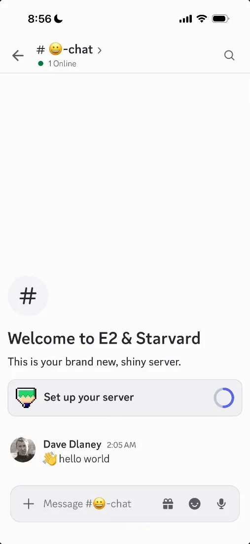 Dave's first message in the new E2 server: hello world