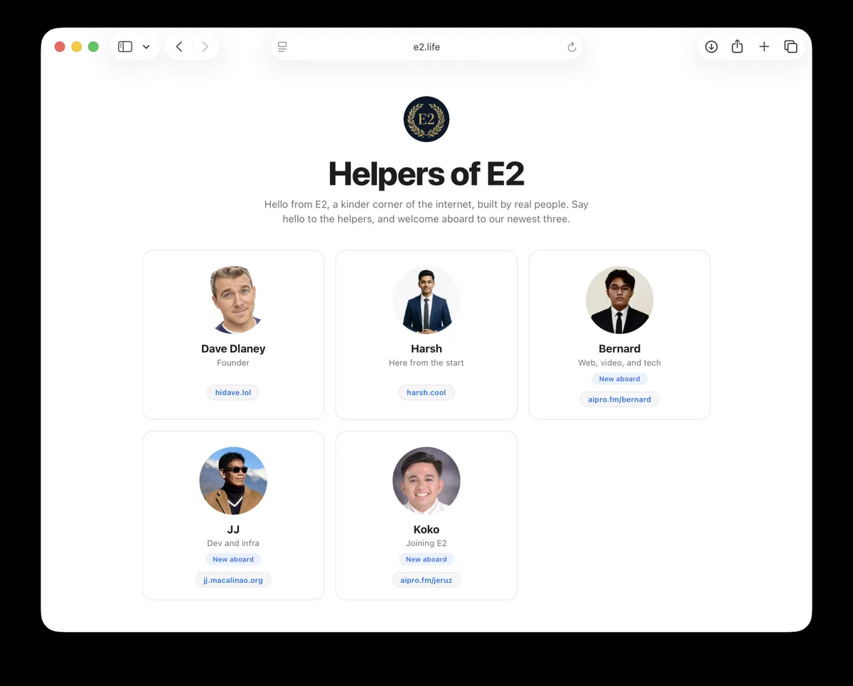 Helpers of E2: Dave, Harsh, Bernard, JJ, and Koko