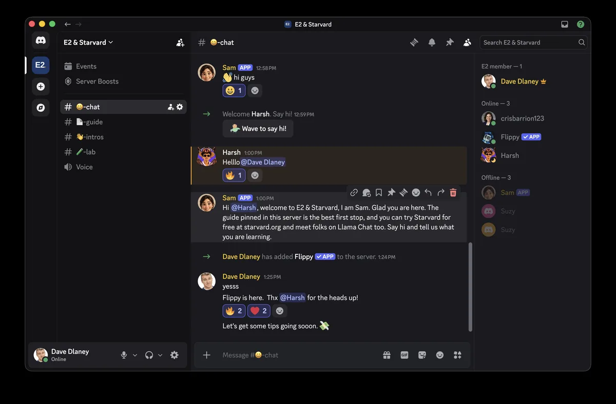 Sam says hi guys, Harsh joins, and Flippy is added to the server