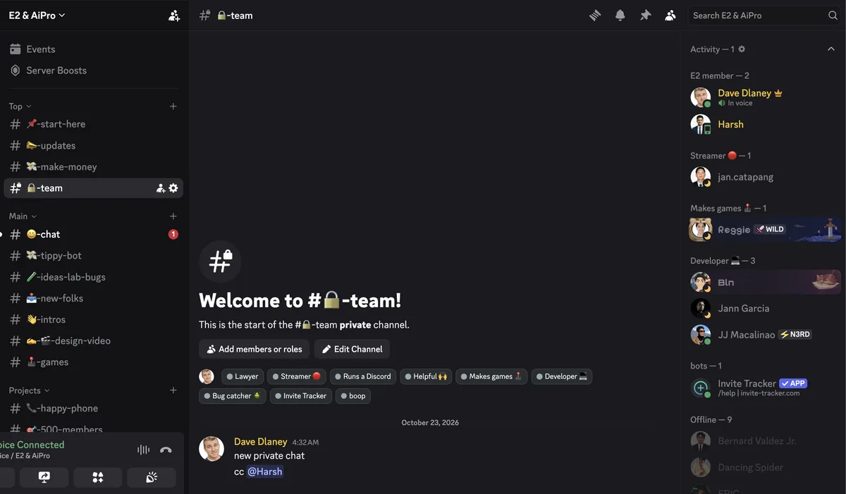 The private team channel, set up on Oct 23