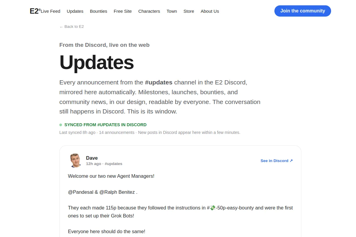 The Updates page, live from Discord