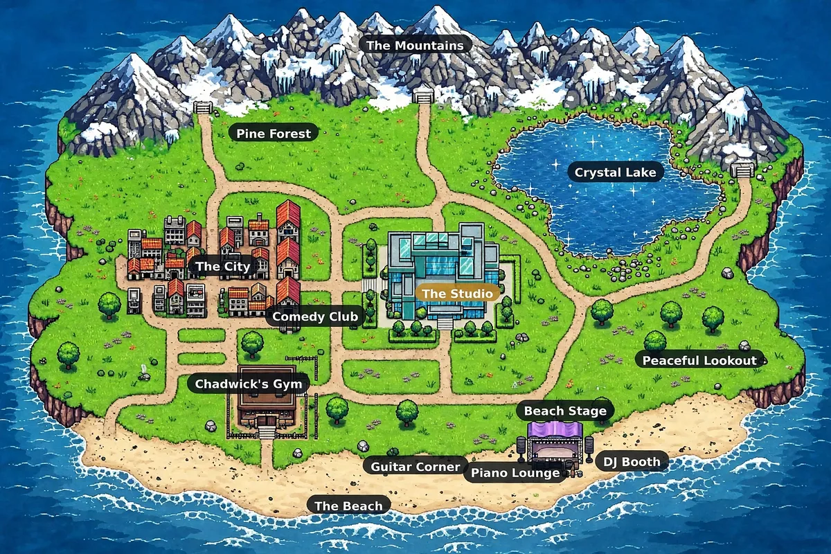 The E2 island map with all 18 worlds