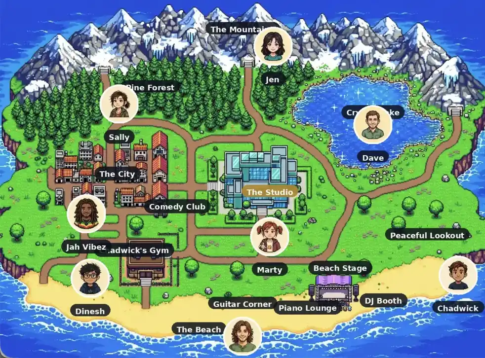 The actual E2 game map, showing the island’s locations and characters