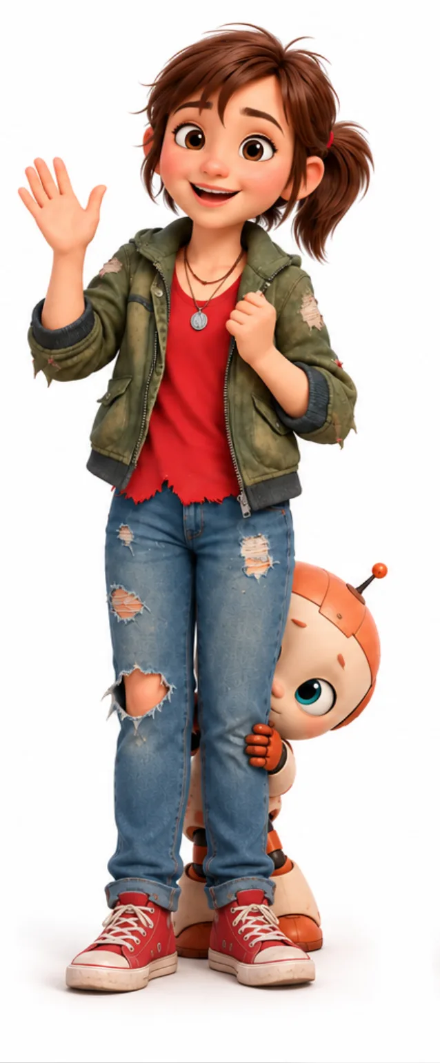 Sally, an E2 character, waving hello with Doodle the little robot peeking out from behind her legs
