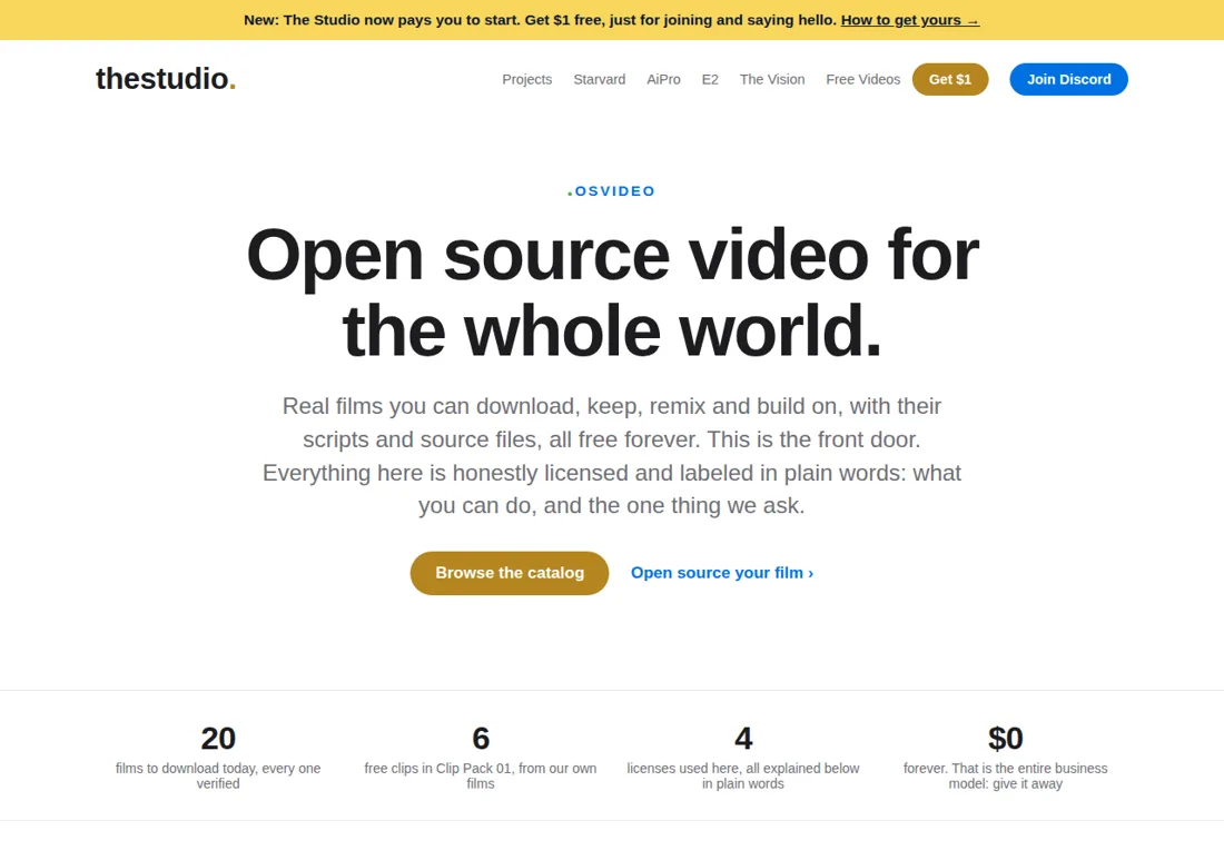 Screenshot of the real OS Video page on The Studio: Open source video for the whole world, 20 films to download today