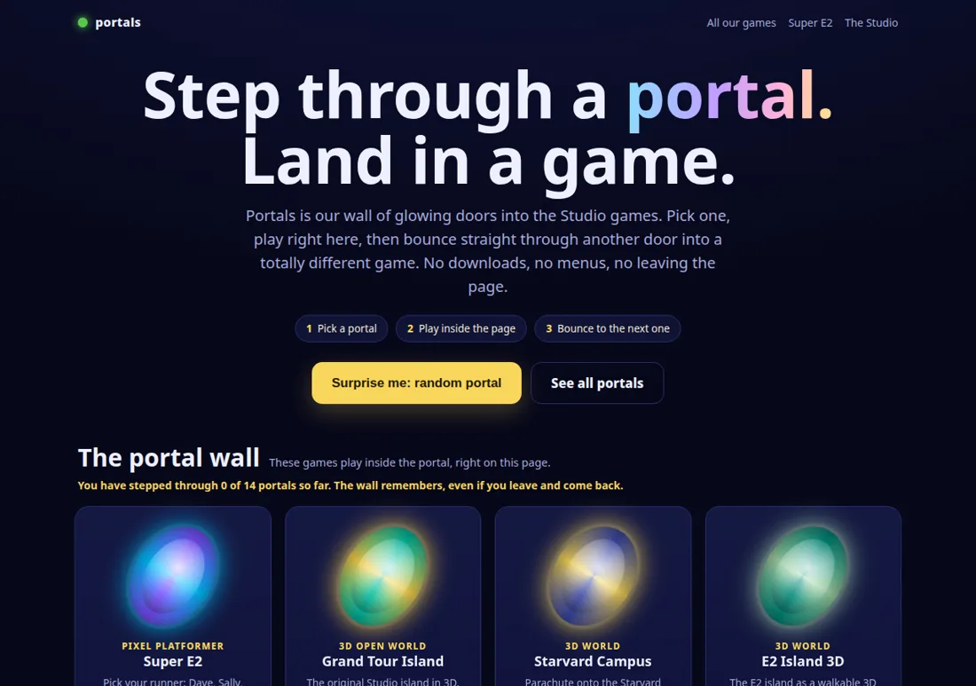 Screenshot of the actual Portals prototype: a dark wall of glowing portals into Super E2, Grand Tour Island, Starvard Campus and E2 Island 3D