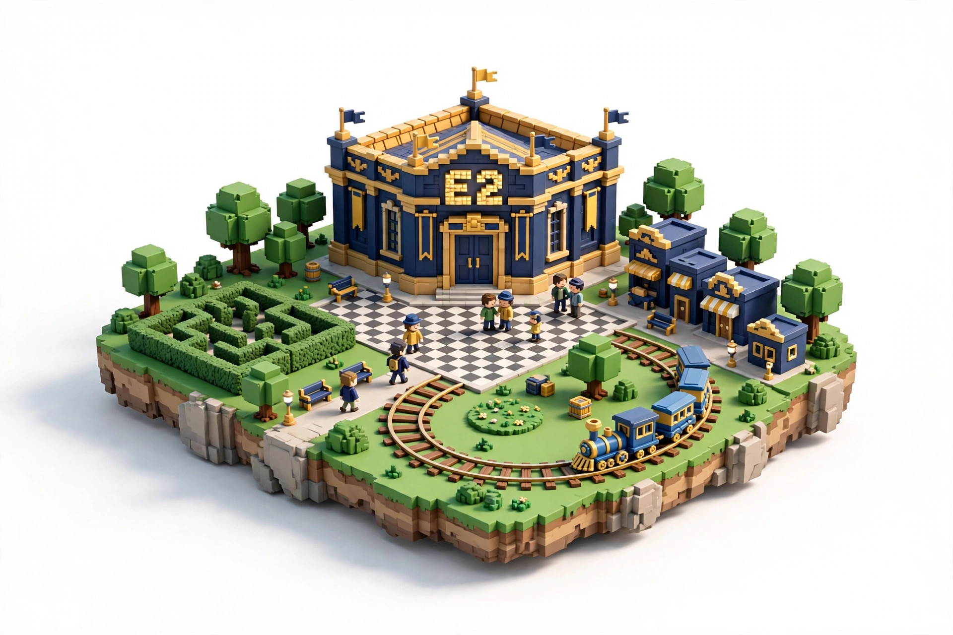 A miniature E2 world with a railway, gardens and game buildings