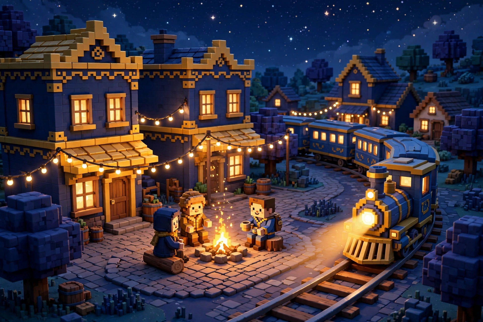 The E2 world at night, glowing lanterns and a train beside a campfire