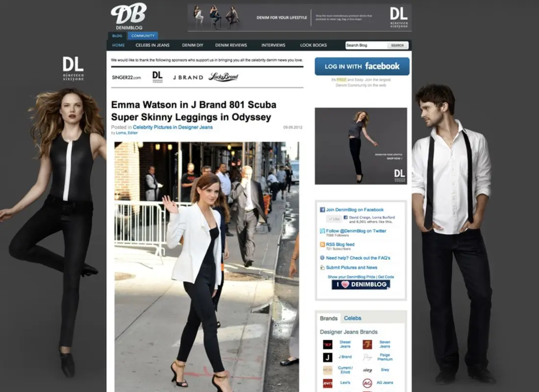 DenimBlog.com in 2012, with sponsors, a community sidebar and a celebrity jeans post