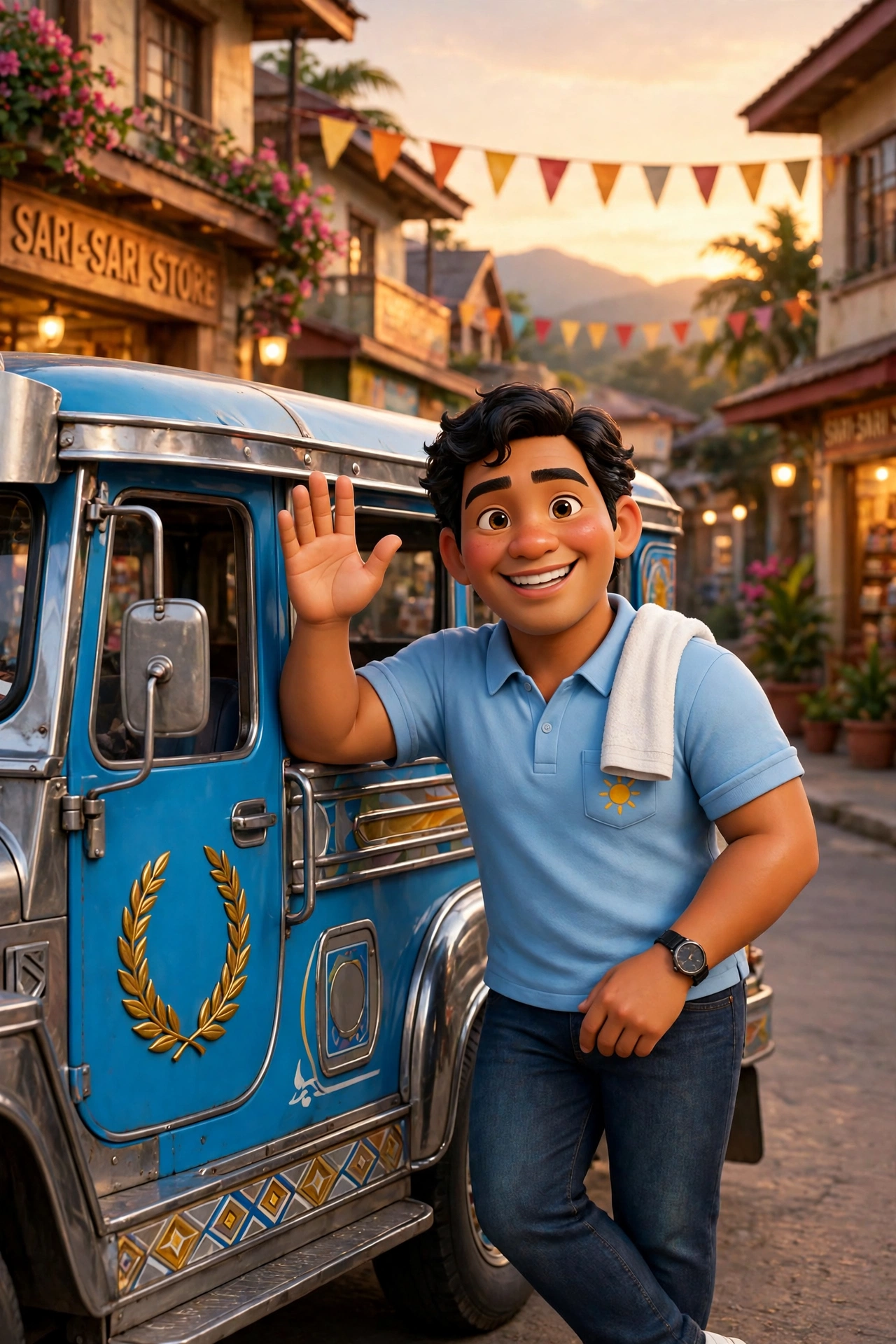 Kuya Marco Dela Cruz waving beside his blue jeepney, with a sari-sari store and fiesta bunting behind him