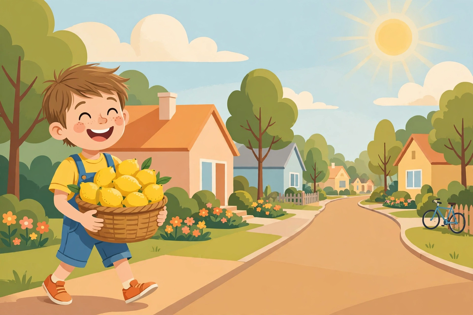 Leo holding a basket of bright yellow lemons on a sunny street