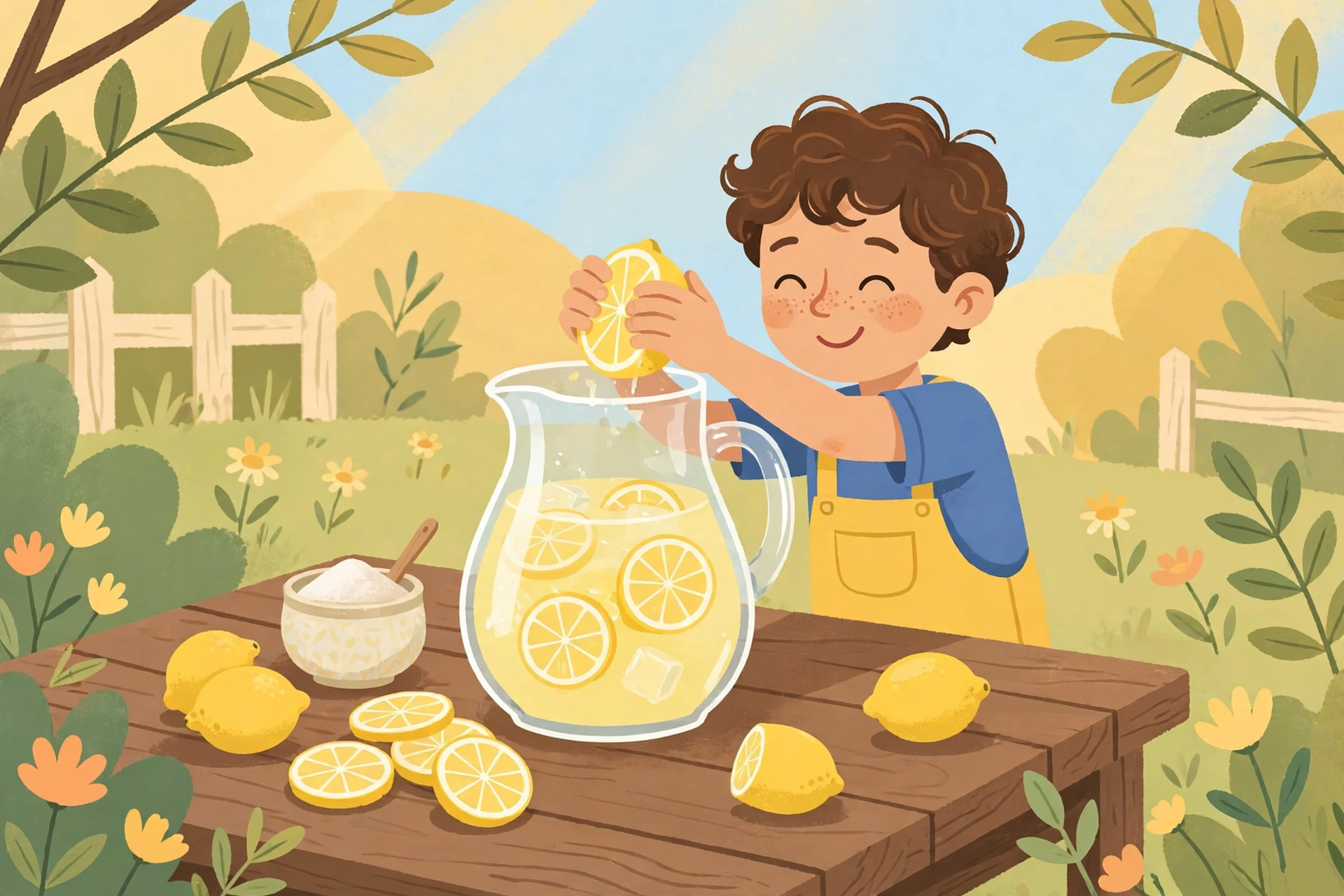 Squeezing fresh lemons into a big pitcher of lemonade