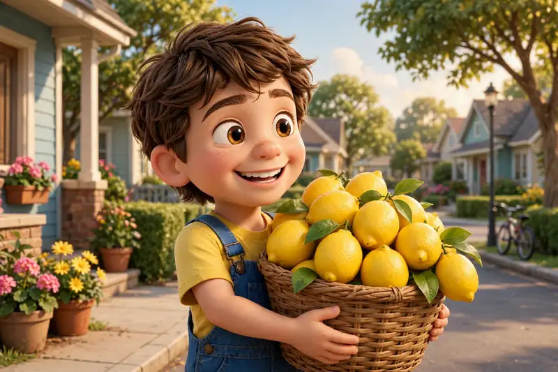 Leo holding a basket of bright yellow lemons on a sunny street