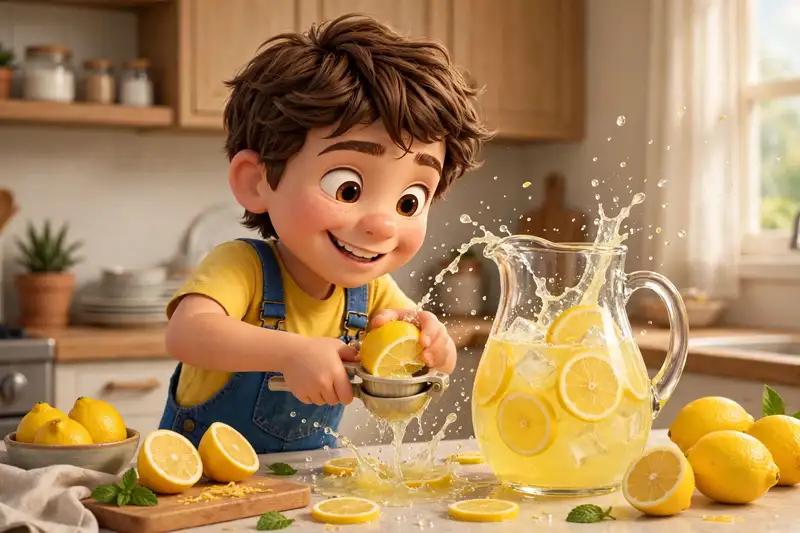 Squeezing fresh lemons into a big pitcher of lemonade
