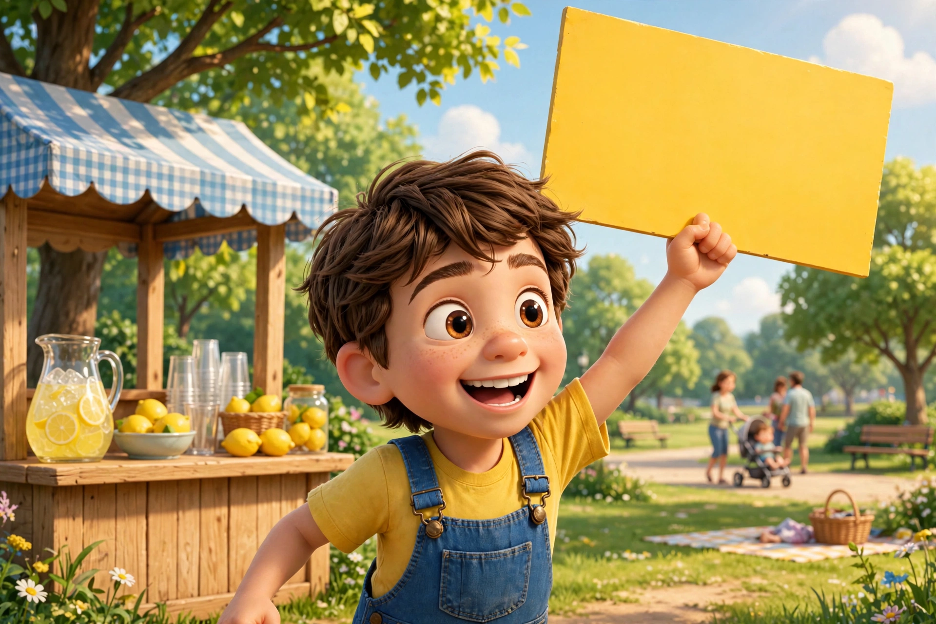 Leo waving a giant yellow sign in the park