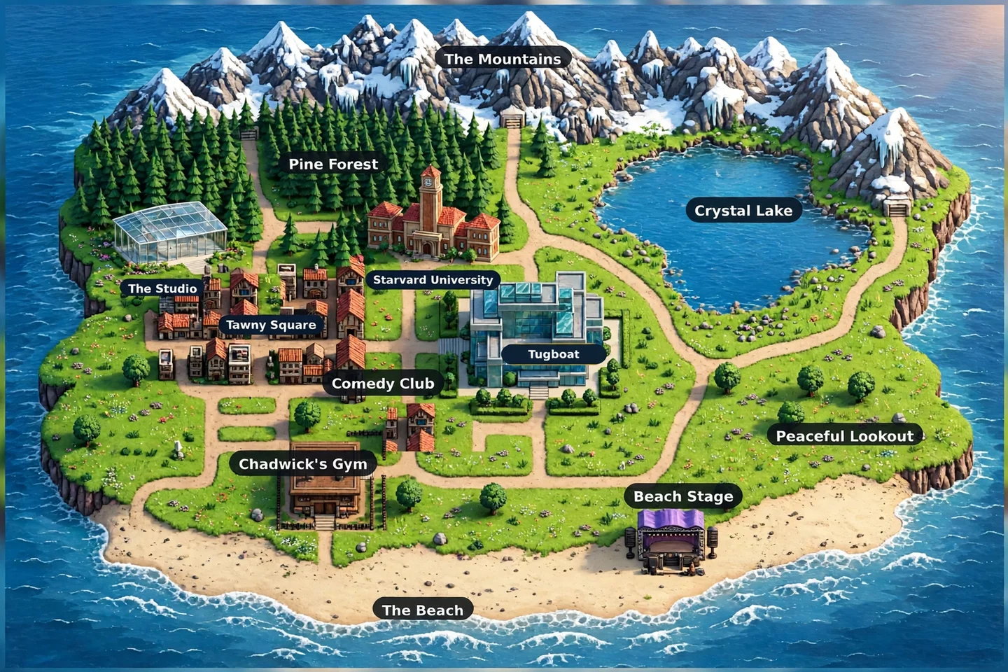 Illustrated map of the E2 island: The Mountains, Pine Forest, Crystal Lake, Starvard University, The Studio, Tawny Square, Tugboat, the Comedy Club, Chadwick's Gym, Peaceful Lookout, the Beach Stage and The Beach