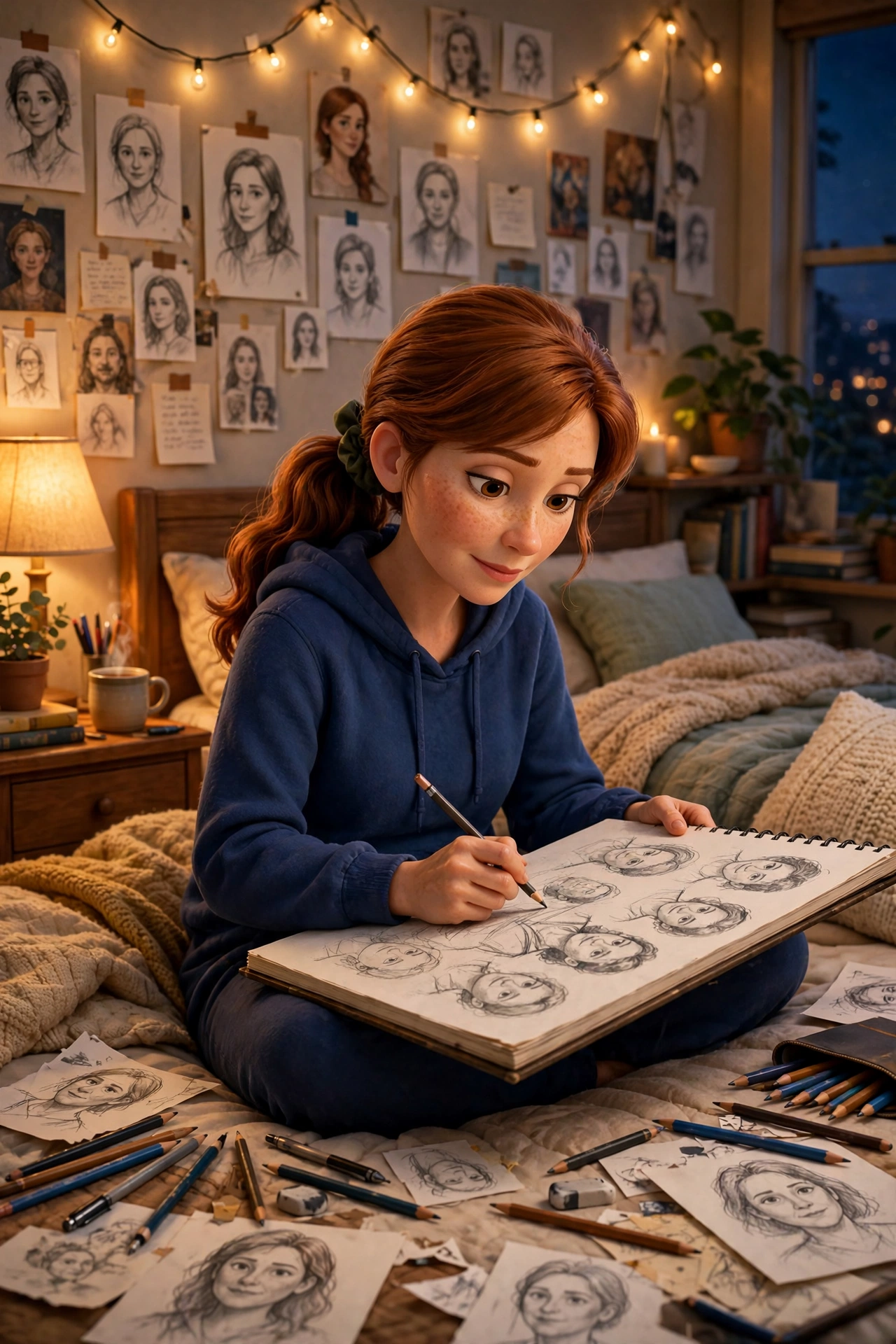 Mary sketching portraits in her sketchbook, surrounded by drawings