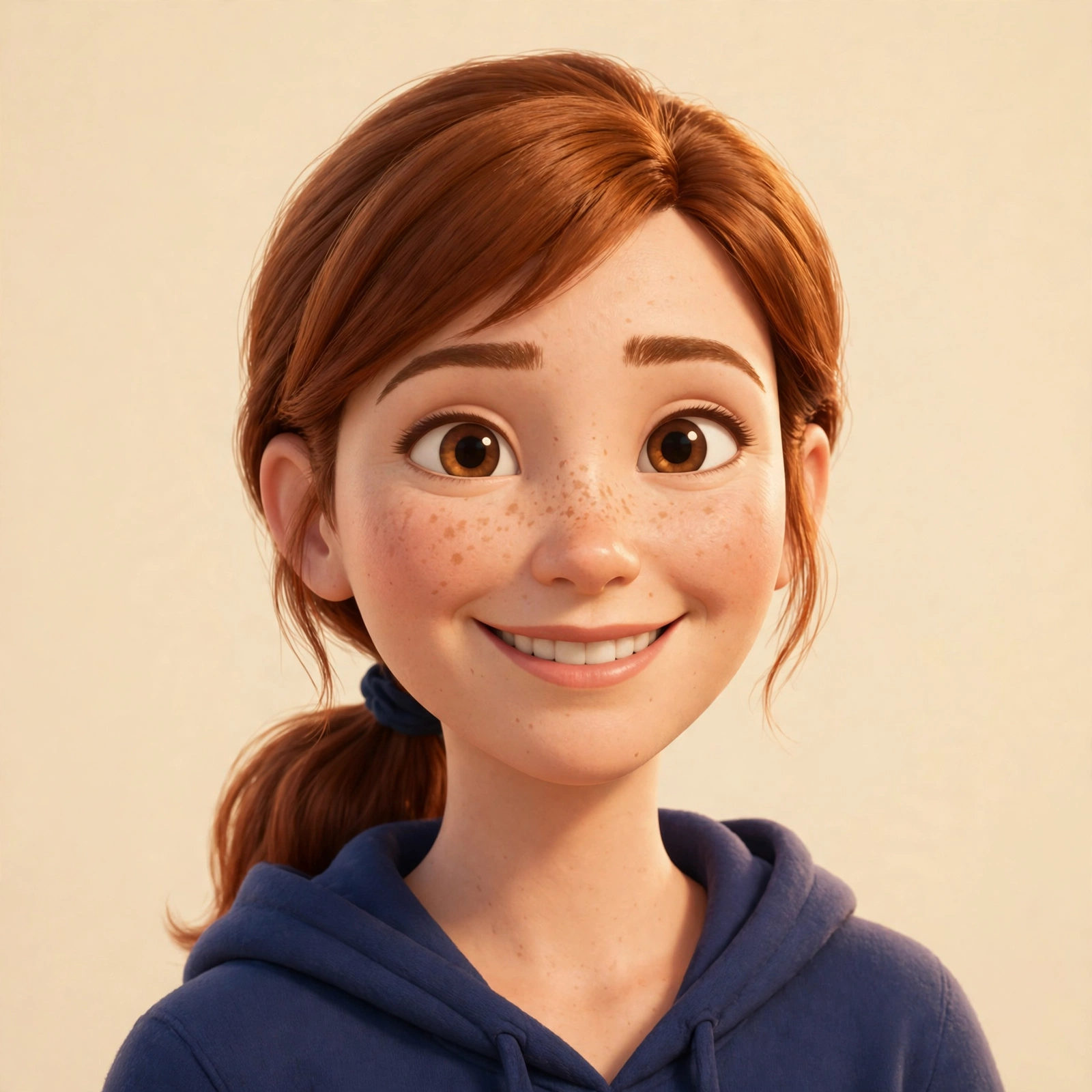 Mary, smiling, in her navy hoodie