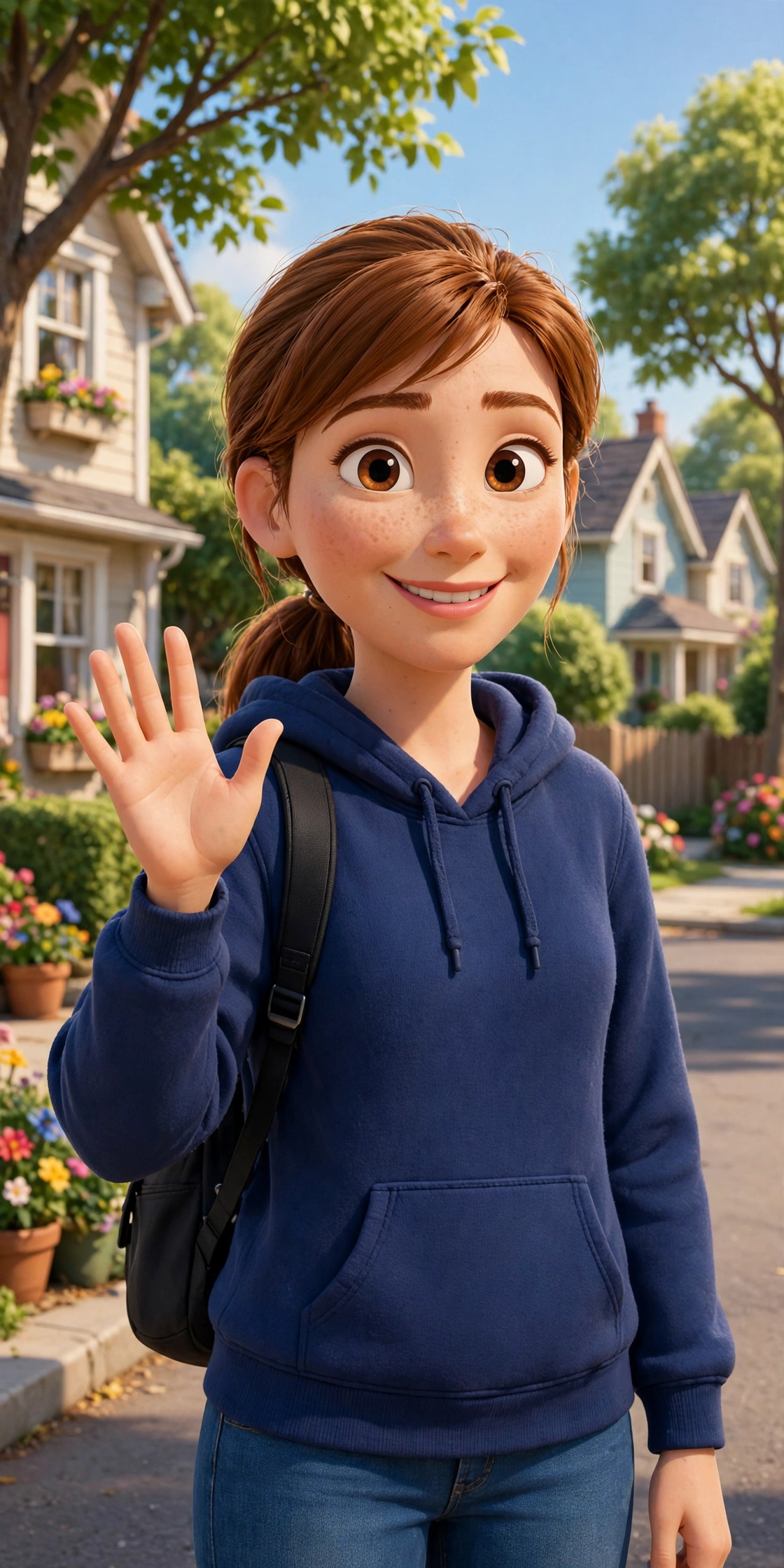 Mary waving hello on a sunny street