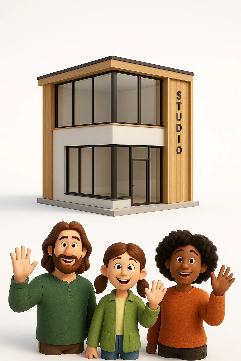 3D render of the Studio building with characters waving