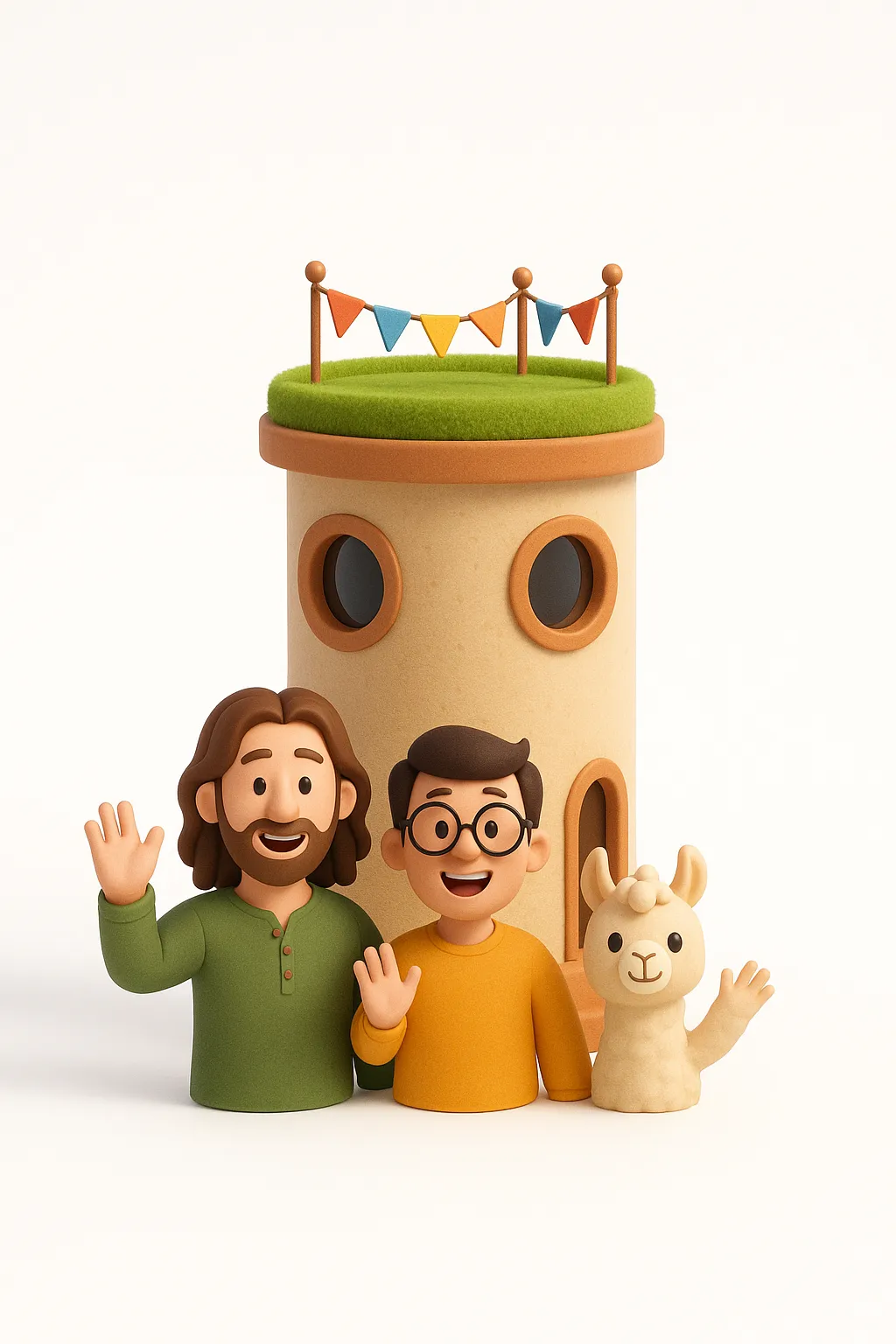 3D render of the Studio tower with characters waving