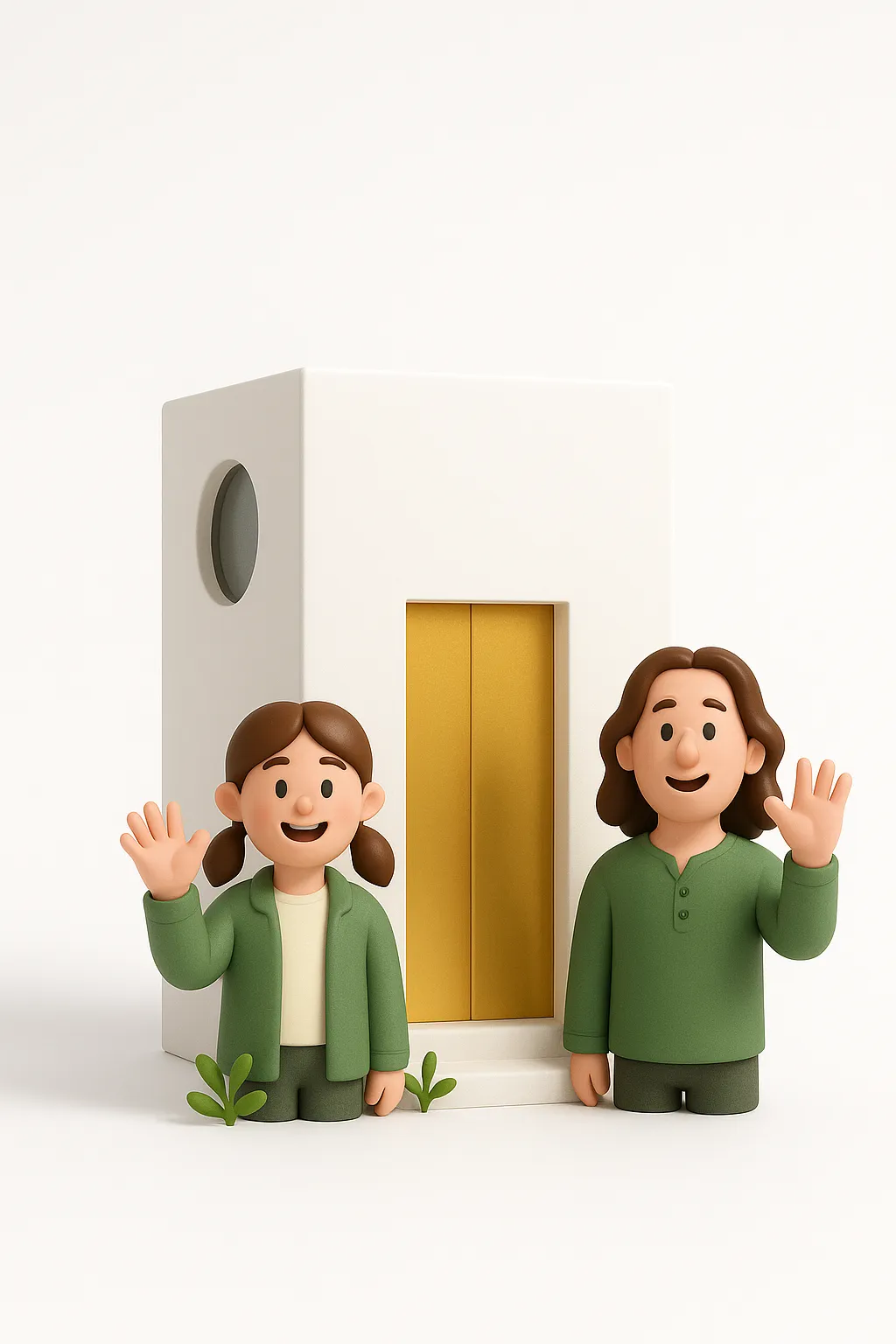 3D render of the Studio cube building with characters waving