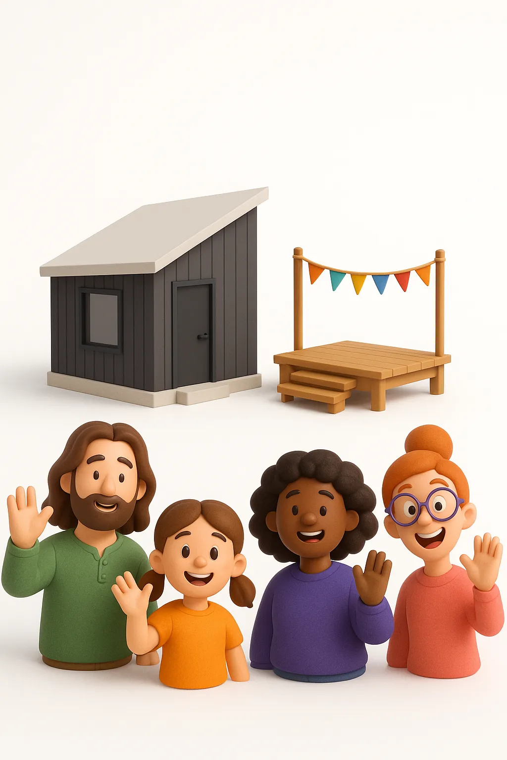 3D render of the Studio campus with characters waving
