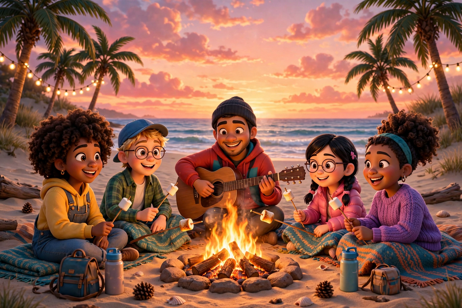 Beach bonfire with friends at sunset