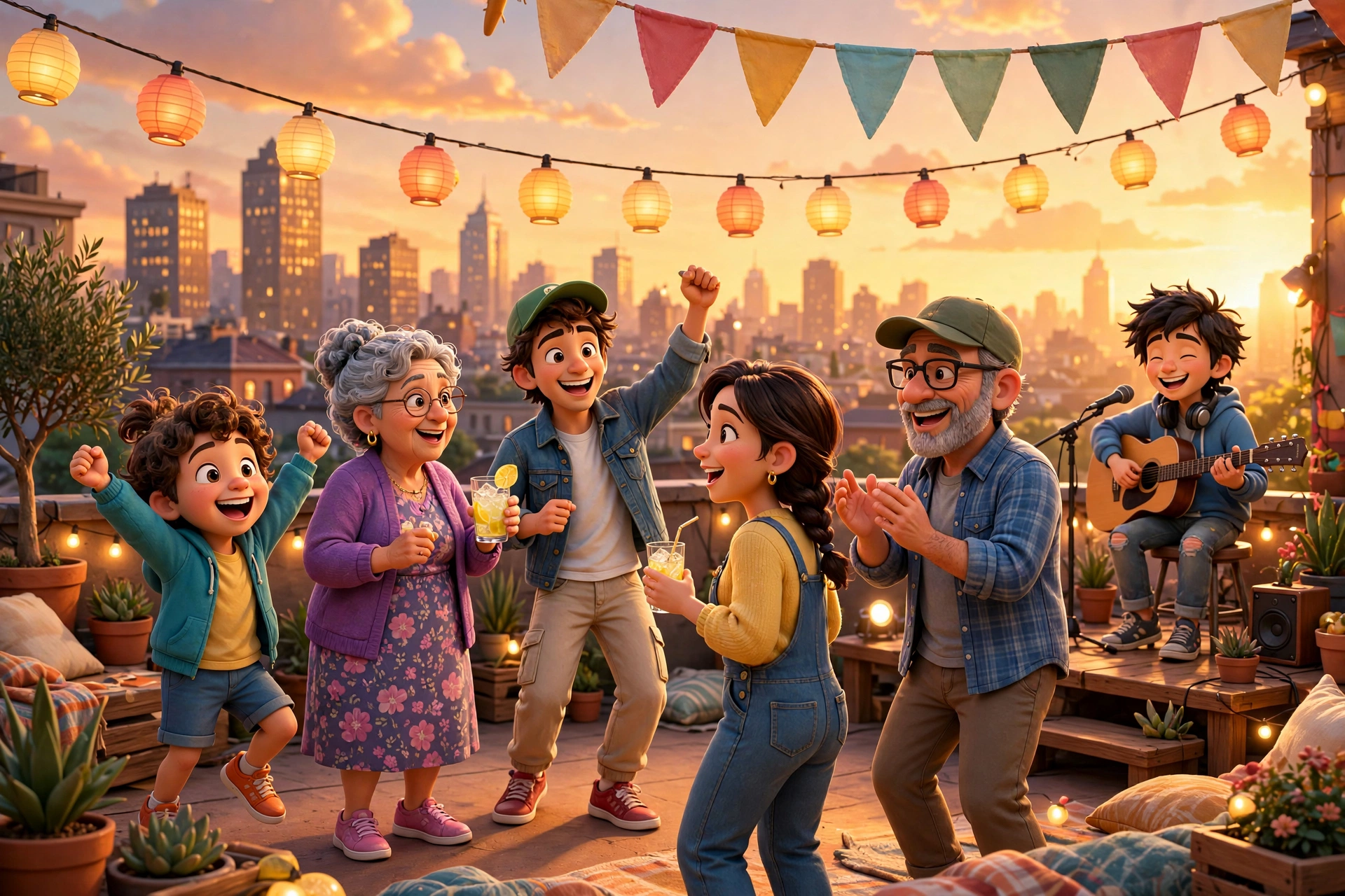Rooftop party at golden hour
