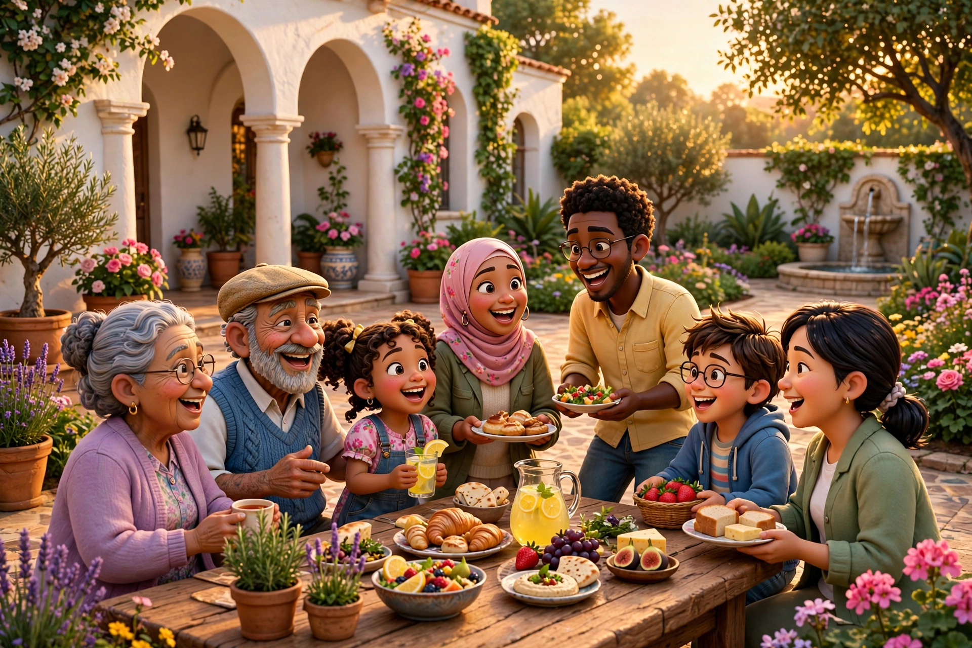 Good people gathered in a garden courtyard