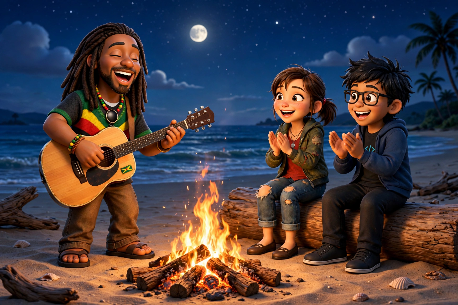 Jah Vibez performing for Sally and Dinesh at a beach bonfire