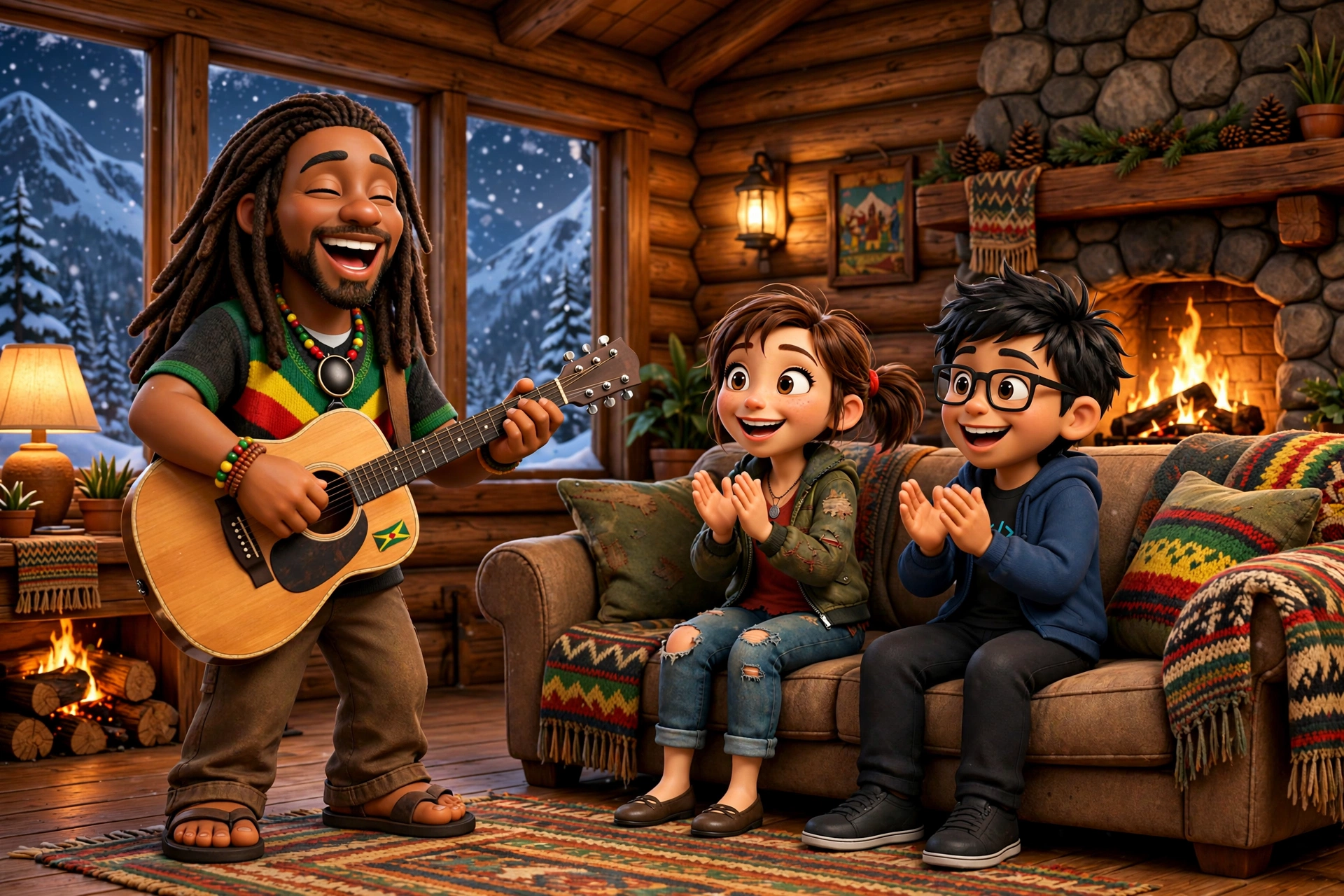 Jah Vibez performing for Sally and Dinesh in a cabin