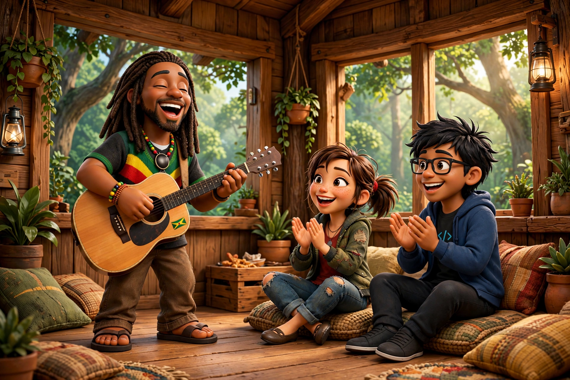 Jah Vibez performing for Sally and Dinesh in a treehouse