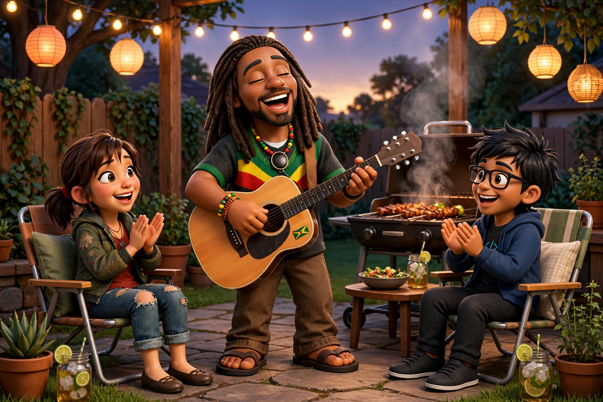 Jah Vibez performing for Sally and Dinesh at a backyard barbecue